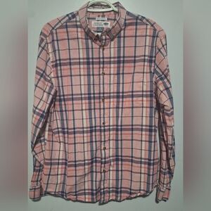 Lrg Old Navy Men's Pink and Blue Plaid Shirt